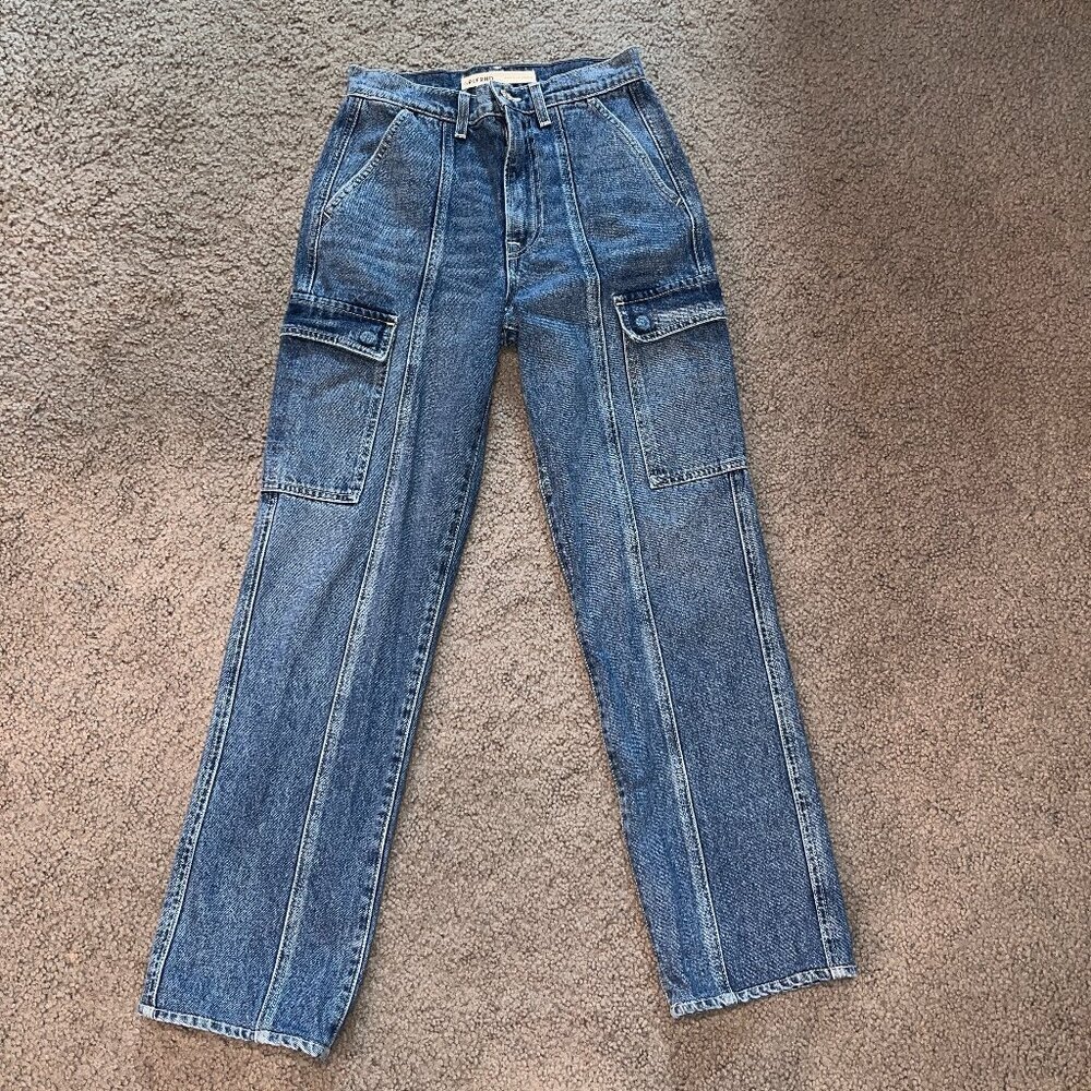 GRLFRND THE HARPER HIGH RISE SLIM CARGO JEANS IN CAMERON WASH - BLUE DENIM - 25